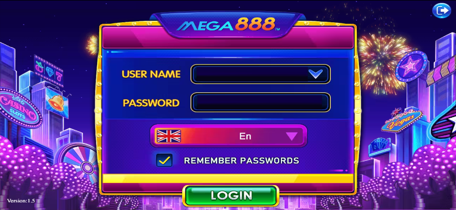 Mega888 login screen — username and password fields