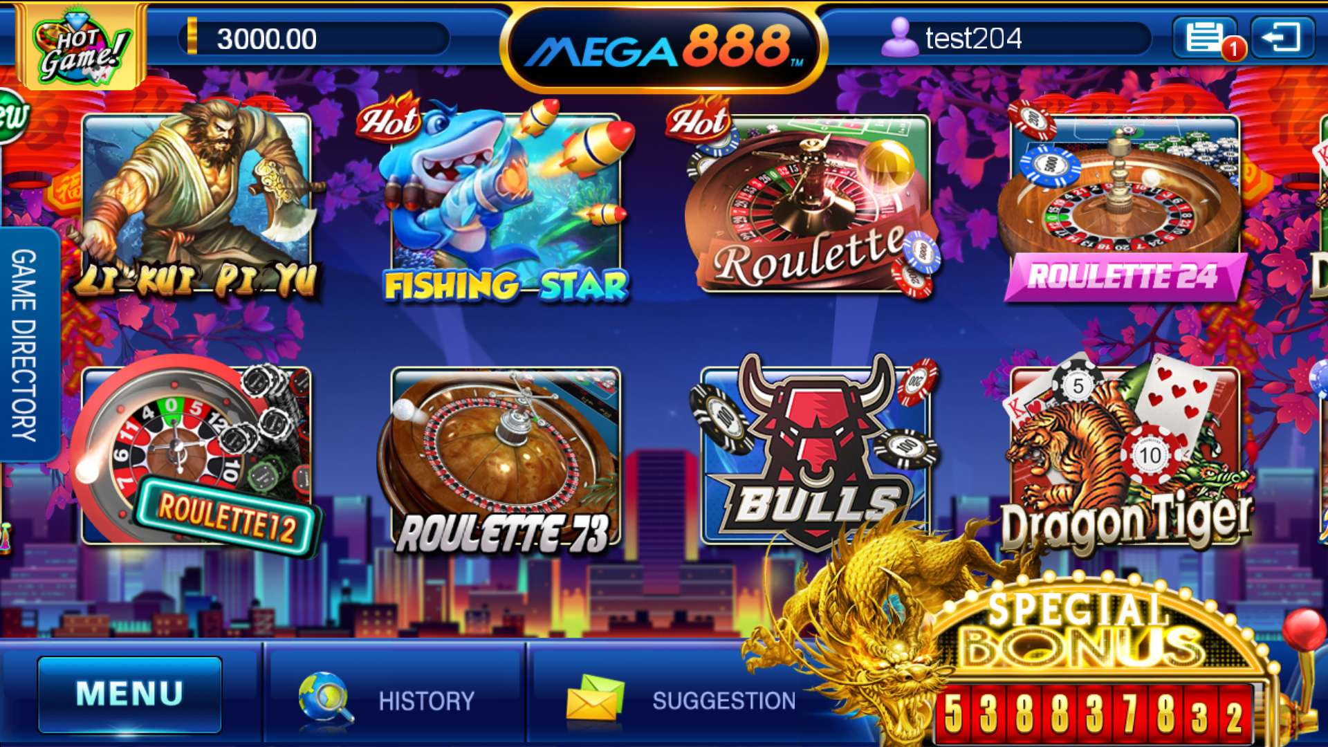 Actual Mega888 game lobby showing available titles